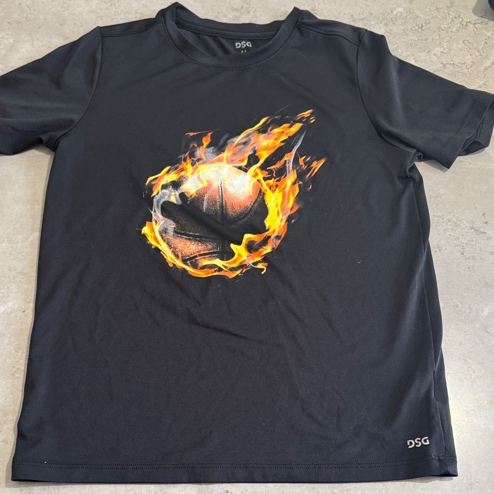 DSG Black Tee with Fiery Basketball Design child size 10-12